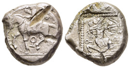 CILICIA. Tarsos. Stater (Circa 440-400 BC). 

Obv: Horseman (Syennesis?) riding left, wearing kyrbasia, holding lotus flower in right hand and reins i...