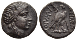 SELEUKID KINGDOM. Achaios. (Usurper, 220-214 BC). Sardes.

Obv: Laureate head of Apollo right.
Rev: BAΣIΛEΩΣ / AXAIOY.
Eagle standing right, palm bran...