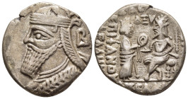 KINGS OF PARTHIA. Vologases IV (Circa 147-191). Tetradrachm. 

Obv: Diademed bust left with long beard, wearing tiara; B behind.
Rev: Vologases seated...