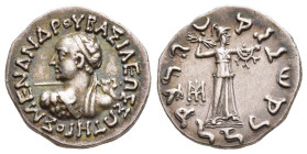 KINGS OF BAKTRIA. Menander I Soter (Circa 155-130 BC). Drachm.

Obv: ΒΑΣΙΛΕΩΣ ΣΩΤΗPΟΣ ΜΕΝΑΝΔΡΟΥ. 
Diademed bust left, seen from behind, wearing aegis ...