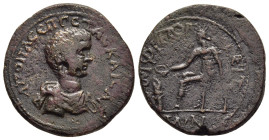 MACEDON. Amphipolis. Geta (Caesar, 198-209). Ae.

Obv: Bareheaded, draped and cuirassed bust r.
Rev: ΑΜΦΙΠΟΛƐΙΤΩΝ.
City goddess seated left, holding p...