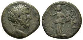 MACEDON. Cassandrea. Marcus Aurelius (161-180). Ae.

Obv. Laureate head right.
Rev: Nymph Nysa standing, facing, head, r., raising chiton with r. hand...