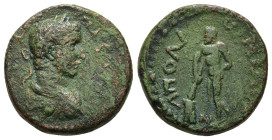 ILLYRIA. Apollonia (?). Severus Alexander (222-235). Ae.

Obv: Laureate, draped and cuirassed bust right.
Rev: AΠOΛΛONIA[..].
Statue of Herakles, hold...