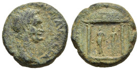 CORINTHIA. Corinth. Domitian (81-96). Ae.

Obv: [IMP CAES DOMITI AVG GER]
Radiate head right.
Rev: [C]OL […]
Temple with four columns with steps; insi...