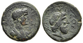 CORINTHIA. Corinth. Hadrian (117-138). Ae. 

Obv: IMP CAES TRAIAN- HADRIANVS AVG
Laureate and cuirassed bust right.
Rev: COL LAV IVL CORI
Head of Nept...