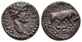 LYCAONIA. Lystra. Marcus Aurelius (Caesar, 138-161). Ae. 

Obv: CAESAR AVRELIVS.
Bare head right. 
Rev: COL AVG E / LVSTRA.
She-wolf standing, right, ...