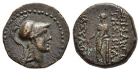 CILICIA. Epiphanea. Time of Tiberius – Caligula (14-41). AE.

Obv: Helmeted head of Athena right.
Rev: ΕΠΙΦΑΝΕΩΝ ΤΗΣ ΙΕΡΑΣ ΚΑΙ ΑΣΥΛΟΥ
Apollo standing ...