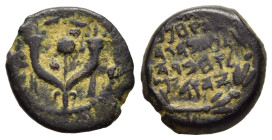 JUDAEA. Hasmoneans. John Hyrkanos I (Yehohanan). Ae Prutah (135-104 BC). Jerusalem.

Obv: Legend within wreath.
Rev: Splayed double cornucopia with po...