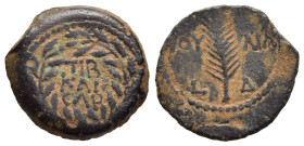 JUDAEA. Procurators. Valerius Gratus. 15-26. Ae. Prutah. In the names of Tiberius and Julia Augusta (Livia). Jerusalem. Dated year 4 (AD 17/8).

Obv: ...