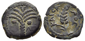 JUDAEA. Procurators. Coponius, 6-9. Ae. Prutah. Jerusalem. Dated year 36 (AD 6).

Obv: KAICAPOC.
Ear of barley. 
Rev. [L] - Λς. 
Palm. 

Hendin 1328; ...