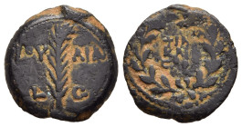 JUDAEA. Procurators. Valerius Gratus, AD 15-26. Ae Prutah. In the names of Tiberius and Julia Augusta (Livia). Jerusalem. Dated year 5 (AD 18/9).

Obv...