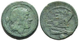 ANONYMOUS. Ae Uncia (215-212 BC). Rome.

Obv: Helmeted head of Roma right; • (mark of value) behind.
Rev: Prow of galley right; • (mark of value) belo...