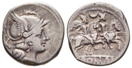 ANONYMOUS. Denarius (207 BC). Rome.

Obv: Head of Roma right, wearing winged helmet; behind, mark of value.
Rev: ROMA. 
Dioscuri galloping right, each...