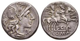 L. CUPIENNIUS (147 BC). Denarius. Rome. 

Obv: Helmeted head of Roma right; behind, cornucopia; below chin, X (mark of value).
Rev: L CVP / ROMA. 
The...