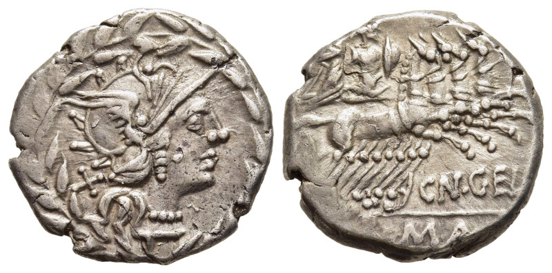 CN. GELLIUS. Denarius (138 BC). Rome.

Obv: Helmeted head of Roma right, X (mark...