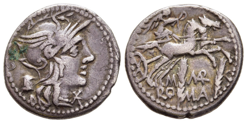 M. MARCIUS MN. F. Denarius (134 BC). Rome.

Obv: Helmeted head of Roma right; mo...