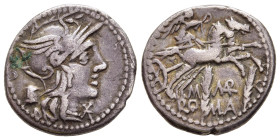 M. MARCIUS MN. F. Denarius (134 BC). Rome.

Obv: Helmeted head of Roma right; modius to left, mark of value to lower right.
Rev: M MAR C ROMA. 
Victor...