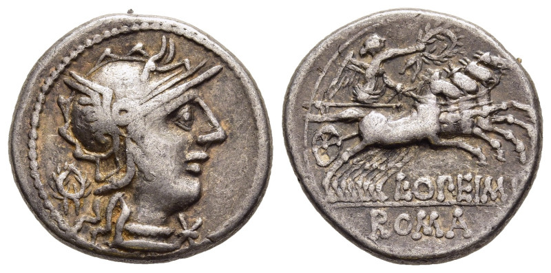L. OPIMIUS. Denarius (131 BC). Rome.

Obv: Helmeted head of Roma right, wreath b...