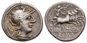 L. OPIMIUS. Denarius (131 BC). Rome.

Obv: Helmeted head of Roma right, wreath behind; X (mark of value) below chin.
Rev: L OPEIMI / ROMA. 
Victory dr...