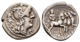 Q. CAECILIUS METELLUS. Denarius (130 BC). Rome.

Obv: Q METE. 
Helmeted head of Roma right; mark of value to lower right.
Rev: ROMA. 
Jupiter, holding...