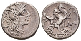 T. CLOELIUS. Denarius (128 BC). Rome.

Obv: ROMA. 
Helmeted head of Roma right; wreath to left.
Rev: T CLOVLI. 
Victory driving biga right; to right, ...