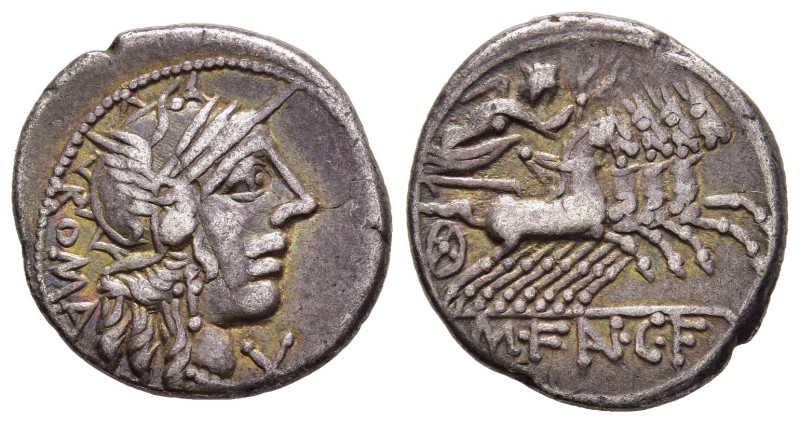 M. FANNIUS C.F. Denarius (123 BC). Rome. 

Obv: ROMA. 
Helmeted head of Roma rig...