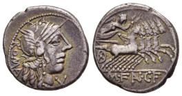 M. FANNIUS C.F. Denarius (123 BC). Rome. 

Obv: ROMA. 
Helmeted head of Roma right; X (mark of value) to lower right.
Rev: M FAN C F. 
Victory, holdin...