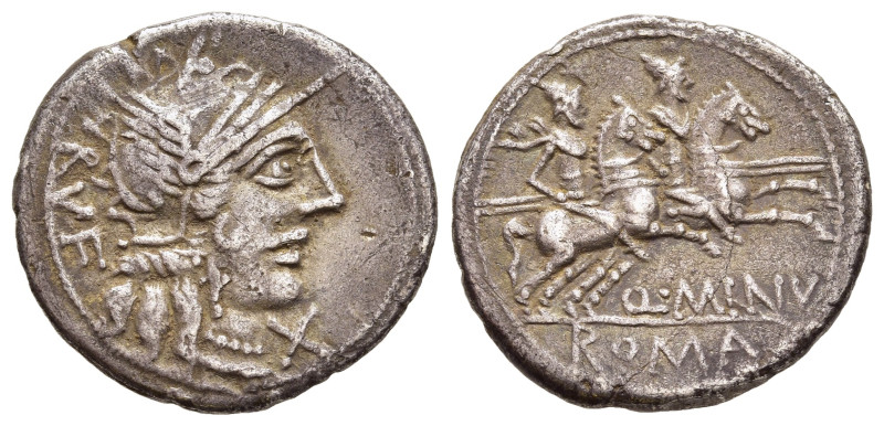 Q. MINUCIUS RUFUS. Denarius (122 BC). Rome. 

Obv: RVF. 
Helmeted head of Roma r...