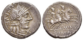 Q. MINUCIUS RUFUS. Denarius (122 BC). Rome. 

Obv: RVF. 
Helmeted head of Roma right; X (mark of value) to right.
Rev: Q MINV / ROMA. 
The Dioscuri ri...