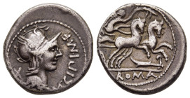 M. CIPIUS M. F. Denarius (115-114 BC). Rome.

Obv: M CIPI M F. 
Helmeted head of Roma right; X (mark of value) to left.
Rev: ROMA. 
Victory driving ga...