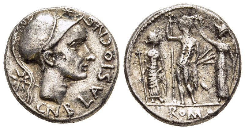 CN. BLASIO CN. F. Fourrée(?) Denarius (112-111 BC). Rome. 

Obv: CN BLASIO CN F....