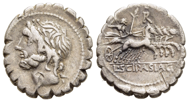 L. SCIPIO ASIAGENUS. Serrate Denarius (106 BC). Rome. 

Obv: Laureate head of Ju...