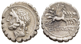 L. SCIPIO ASIAGENUS. Serrate Denarius (106 BC). Rome. 

Obv: Laureate head of Jupiter left.
Rev: L SCIP ASIAG. 
Jupiter, preparing to hurl thunderbolt...