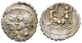 C. SULPICIUS C.F. GALBA. Serrate Denarius (106 BC). Rome.

Obv: D P P. 
Jugate laureate heads of the Dei Penates left.
Rev: C SVLPICI C F. 
Two soldie...