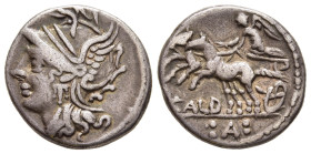 C. COILIUS CALDUS. Denarius (104 BC). Rome.

Obv: Helmeted head of Roma left.
Rev: CALD. 
Victory driving biga left, holding reins; :A: in exergue.

C...
