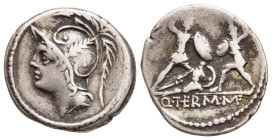 Q. THERMUS M. F. Denarius (103 BC). Rome.

Obv: Head of Mars left, wearing crested helmet, ornamented with plume and annulet.
Rev: Q TERM M F. 
Two wa...