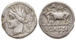 L. CASSIUS CAECIANUS. Denarius (102 BC). Rome.

Obv: CÆICIAN. 
Head of Ceres left, wearing grain wreath; K pellet to upper right.
Rev: L CASSI. 
Two y...