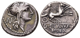 D. SILANUS L.F. Denarius (91 BC). Rome.

Obv: Helmeted head of Roma right; N to left.
Rev: D SILANVS L F / ROMA. 
Victory driving galloping biga right...