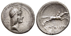 L. CALPURNIUS PISO FRUGI. Denarius (90 BC). Rome. 

Obv: Head of Apollo right, hair bound with taenia; C and two pellets behind.
Rev: C PISO L F FRVG....