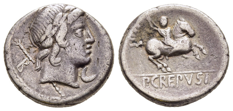 P. CREPUSIUS. Denarius (82 BC). Rome.

Obv: Laureate head of Apollo right; behin...