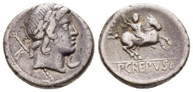 P. CREPUSIUS. Denarius (82 BC). Rome.

Obv: Laureate head of Apollo right; behind, sceptre and control-letter; below chin, control-symbol.
Rev: P CREP...