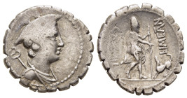 C. MAMILIUS LIMETANUS. Serrate Denarius (82 BC). Rome.

Obv: Draped bust of Mercury right, wearing petasus; to left, control letter [N] above caduceus...