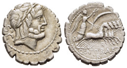 Q. ANTONIUS BALBUS. Serrate Denarius (83-82 BC). Rome.

Obv: S•C. 
Laureate head of Jupiter right.
Rev: Q ANTO BALB / PR. 
Victory driving quadriga ri...
