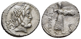 L. PROCILIUS. Denarius (80 BC). Rome.

Obv: Laureate head of Jupiter right; S C to left.
Rev: L PROCILI F. 
Juno Sospita advancing right, hurling spea...