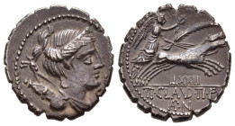 TI. CLAUDIUS NERO. Serrate Denarius (79 BC). Rome.

Obv: [S C]. 
Draped bust of Diana right, with bow and quiver over shoulder.
Rev: TI CLAVD TI F / A...