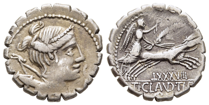 TI. CLAUDIUS NERO. Serrate Denarius (79 BC). Rome.

Obv: S C. 
Draped bust of Di...
