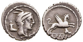 L. PAPIUS. Serrate Denarius (79 BC). Rome. 

Obv: Head of Juno Sospita right, wearing goat skin headdress; sandal to left.
Rev: L PAPI. 
Griffin sprin...