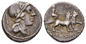 M. VOLTEIUS M. F. Denarius (78 BC). Rome.

Obv: Helmeted, laureate and draped bust right; to left control mark.
Rev: M VOLTEI M F. 
Cybele driving big...