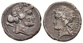 L. CASSIUS Q.F. LONGINUS. Denarius (75 BC). Rome.

Obv: Head of Liber or young Bacchus right, wearing ivy wreath and with thyrsus over shoulder.
Rev: ...