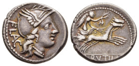 L. RUTILIUS FLACCUS. Denarius (77 BC). Rome.

Obv: FLAC. 
Helmeted head of Roma right.
Rev: L RVTILI. 
Victory, holding reins and wreath, driving biga...